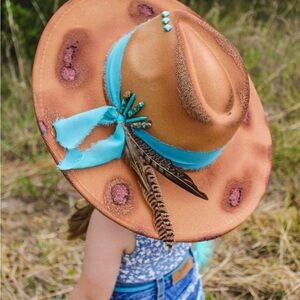 Brown and Turquoise Western Hat with Feather Detail